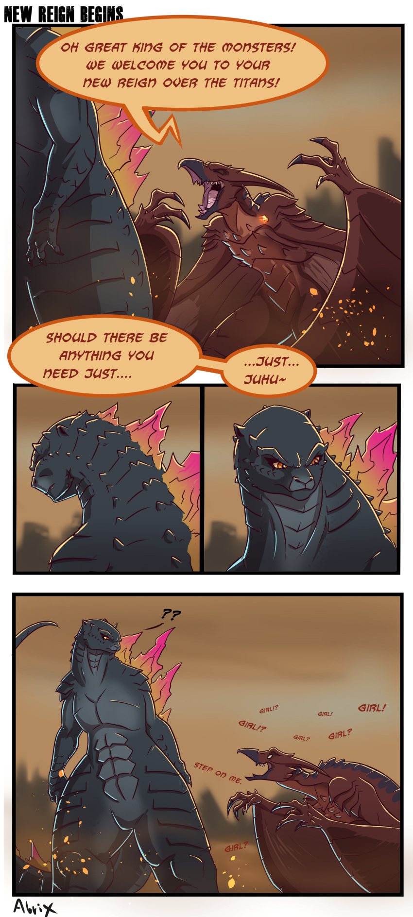 absurd_res alorix ammyzilla_(alorix) chiropteran comic dialogue female feral godzilla godzilla_(series) hi_res kaiju legendary_pictures male mammal monster pteropodid reptile rodan_(toho) scalie toho