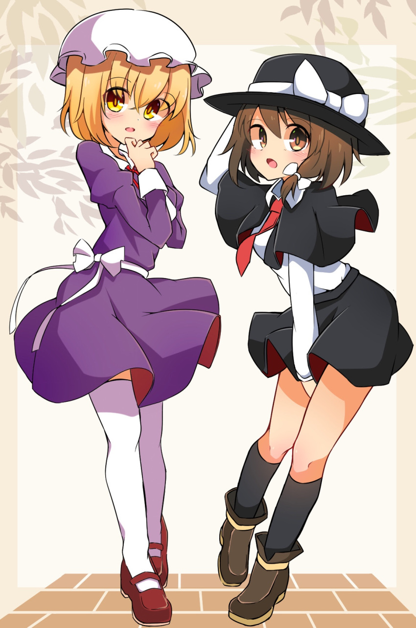 2girls ankle_boots black_capelet black_headwear black_legwear black_skirt blonde_hair boots bow brown_eyes brown_footwear brown_hair capelet collared_shirt dress dress_shirt eyebrows_visible_through_hair hair_between_eyes hat hat_bow highres inon kneehighs long_sleeves looking_at_viewer maribel_hearn mary_janes mob_cap multiple_girls open_mouth purple_dress red_footwear shirt shirt_tucked_in shoes short_hair skirt thighhighs touhou usami_renko white_headwear white_legwear white_shirt yellow_eyes