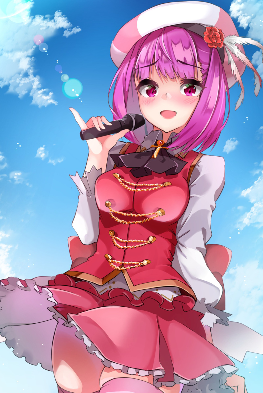 1girl breasts fate/grand_order fate_(series) frilled_skirt frills hat helena_blavatsky_(fate) highres holding holding_microphone long_sleeves lostroom_outfit_(fate) microphone miniskirt pink_legwear purple_eyes purple_hair red_skirt red_vest sezoku shirt short_hair skirt small_breasts solo thighhighs vest white_headwear white_shirt