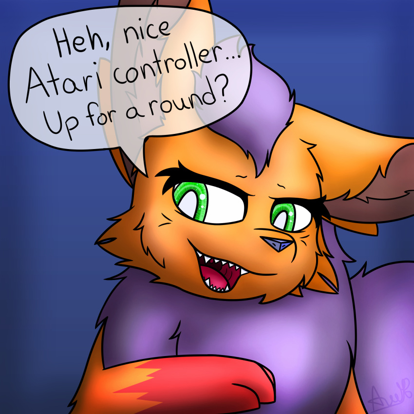 1:1 2021 angelthegamer atari bedroom_eyes blue_nose brown_body brown_fur controller eeveelution eyelashes fan_character female feral flareon fur game_controller green_eyes hi_res multicolored_body multicolored_fur narrowed_eyes nintendo open_mouth open_smile orange_body orange_fur paws pok&eacute;mon pok&eacute;mon_(species) purple_body purple_fur red_body red_fur seductive sheela_(angelthegamer) simple_background smile solo speech_bubble teeth teeth_showing text throat tongue video_games