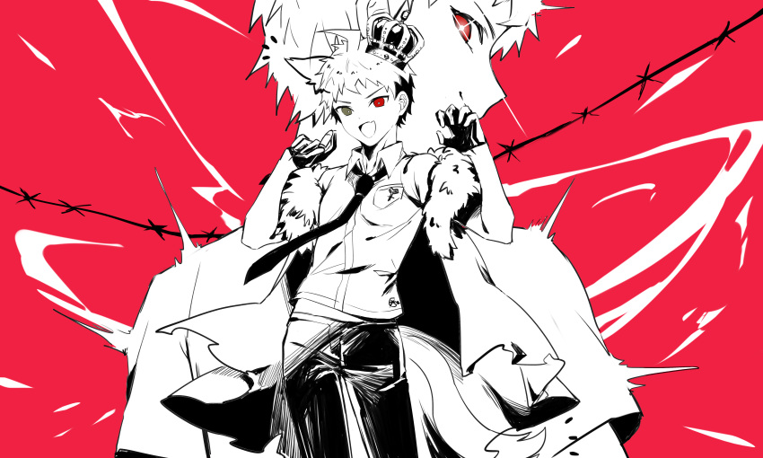 1boy :d absurdres animal_ears black_sclera cat_ears collared_shirt colored_sclera commentary_request crown danganronpa_(series) danganronpa_2:_goodbye_despair dutch_angle fang fur_trim gloves heterochromia highres hinata_hajime horns looking_at_viewer male_focus necktie open_mouth pants pink_background red_background red_eyes shirt short_hair skin_fang smile solo sparkle spot_color standing tilted_headwear torn_clothes tuteurfars_shin