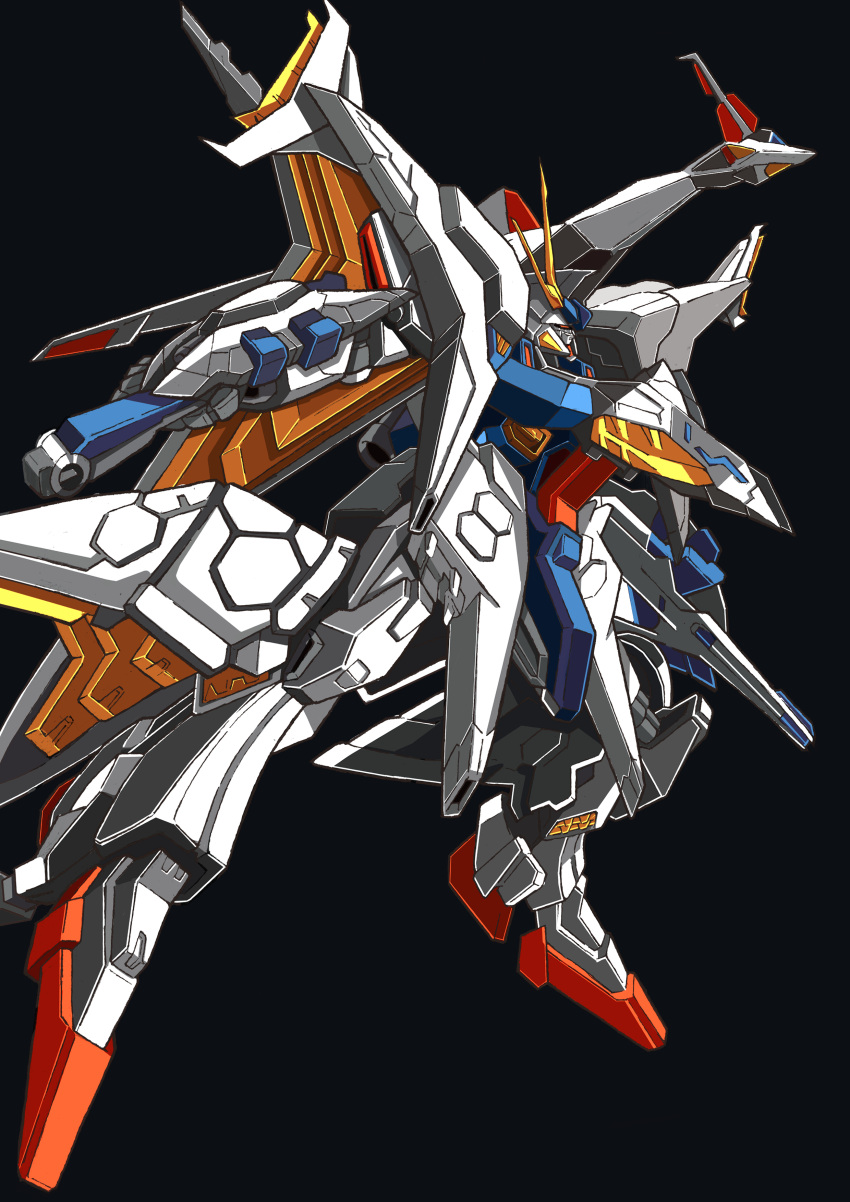 absurdres black_background gundam gundam_hathaway's_flash highres holding holding_weapon looking_up mecha mobile_suit no_humans penelope red_eyes science_fiction solo sunflower_(tomodog422) v-fin weapon