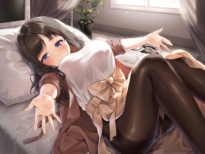 bed blue_eyes blush brown_hair hajin long_hair original panties pantyhose underwear