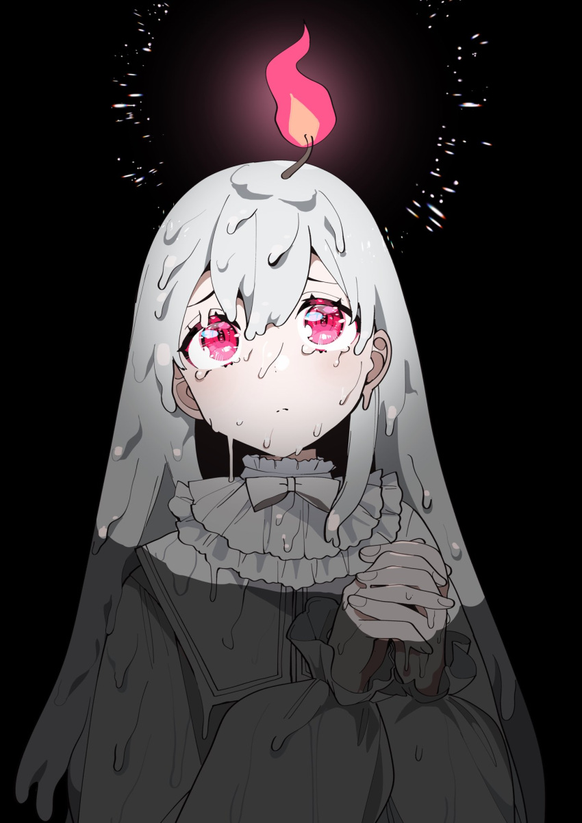 1girl black_background candle dress expressionless fire glowing grey_dress hair_between_eyes hands_together highres humanization light long_sleeves melting monochrome original personification red_eyes solo watariganikun