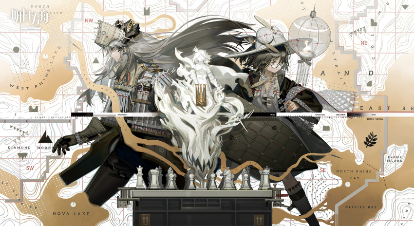 3girls arknights armor bangs board_game brown_hair chess chess_piece chessboard crown feathers glasses gloves hat highres horns ifrit_(arknights) knight knight_(chess) long_hair map multiple_girls norizc saria_(arknights) silence_(arknights) silver_hair