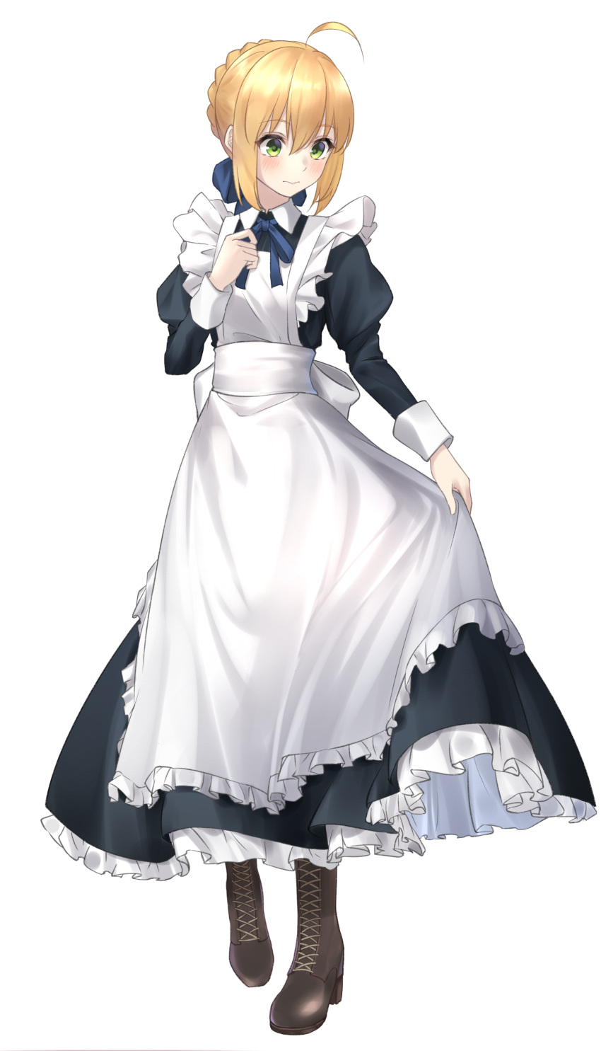 1girl absurdres ahoge alternate_costume apron artoria_pendragon_(all) black_dress blonde_hair boots brown_footwear cross-laced_footwear dress enmaided fate/stay_night fate_(series) frilled_apron frills full_body green_eyes hair_bun highres juliet_sleeves long_sleeves maid maid_apron maid_headdress puffy_sleeves saber solo standing tsurupy white_apron