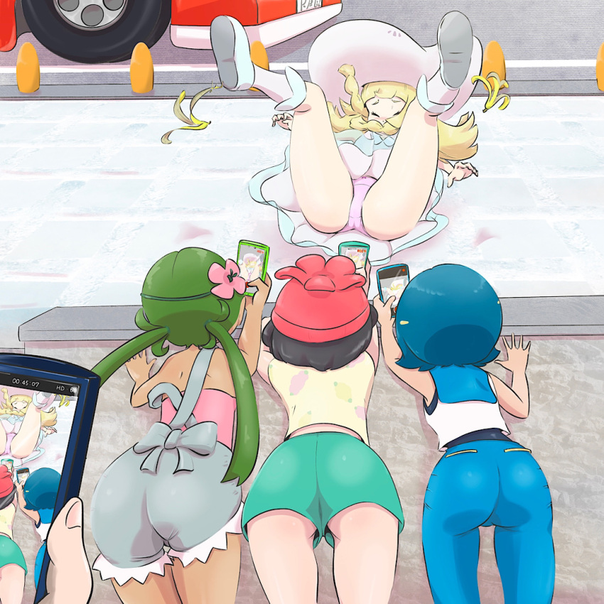 4girls bangs beanie black_hair blonde_hair blue_hair blunt_bangs braid closed collared_dress dark_skin dark_skinned_female dress eyes floral_print flower from_behind green_hair green_shorts hair_flower hair_ornament hat holding holding_phone lana_(pokemon) lillie_(pokemon) long_hair mallow_(pokemon) multiple_girls one-piece_swimsuit overalls panties phone pibo pokemon pokemon_(game) pokemon_sm red_headwear see-through selene_(pokemon) shirt short_hair short_shorts short_sleeves shorts sleeveless sleeveless_dress sun_hat sundress swimsuit swimsuit_under_clothes t-shirt taking_picture tied_shirt twin_braids twintails underwear upskirt white_dress white_headwear white_legwear white_panties