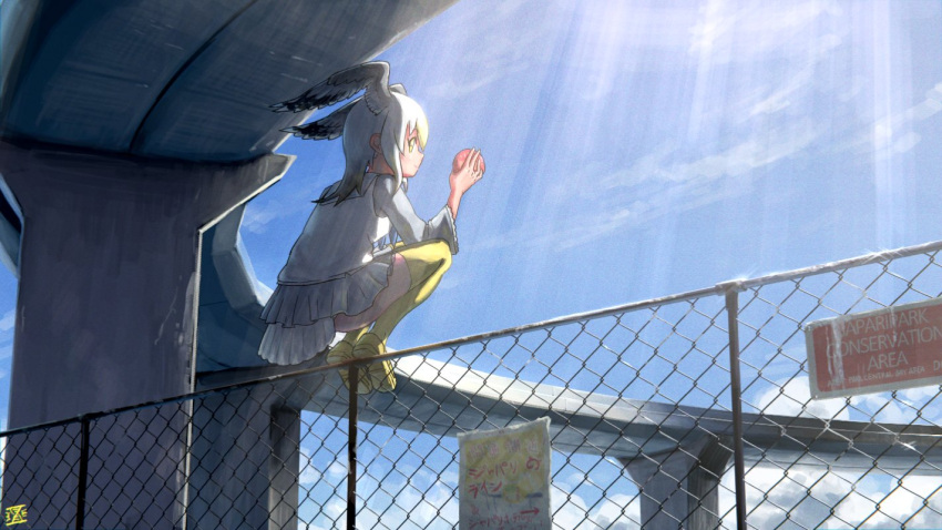 1girl bird_girl bird_tail bird_wings blonde_hair blue_neckwear chain-link_fence commentary_request common_gull_(kemono_friends) eyebrows_visible_through_hair fence food grey_hair grey_sweater head_wings imnim_leef japari_bun kemono_friends loafers long_hair looking_at_viewer multicolored_hair neckerchief overpass pleated_skirt sailor_collar shoes sign skirt solo squatting sweater thighhighs vest white_hair white_skirt white_vest wings yellow_eyes yellow_footwear yellow_legwear zettai_ryouiki