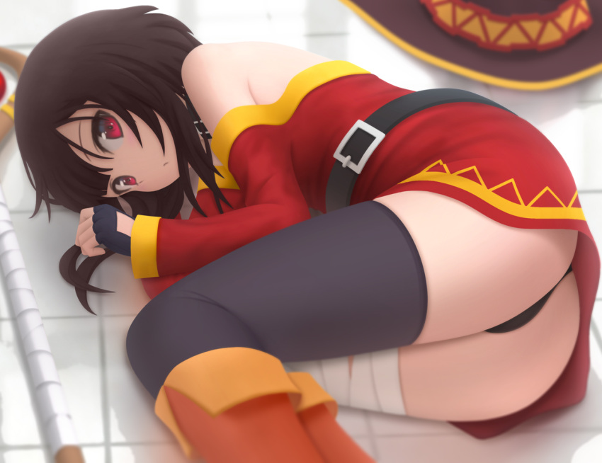 1girl ass bandaged_leg bandages bangs belt black_choker black_gloves black_legwear black_panties blush breasts choker dress fingerless_gloves gloves kono_subarashii_sekai_ni_shukufuku_wo! long_sleeves looking_at_viewer lying megumin mismatched_legwear on_side open_mouth panties red_dress red_eyes short_hair_with_long_locks single_thighhigh siraha small_breasts thighhighs thighs underwear