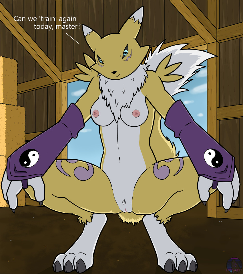 2021 absurd_res anthro armwear barn beams black_sclera blue_eyes breasts chest_tuft claws clothing cloud crouching digimon digimon_(species) digital_media_(artwork) dysart english_text feet female fluffy fluffy_tail fur genitals gloves handwear hi_res inside looking_at_viewer navel nipples purple_clothing pussy renamon sky smile solo solo_focus spread_legs spreading tan_body tan_fur text toes tuft wall_(structure) wood_wall yellow_body yellow_fur yin_yang