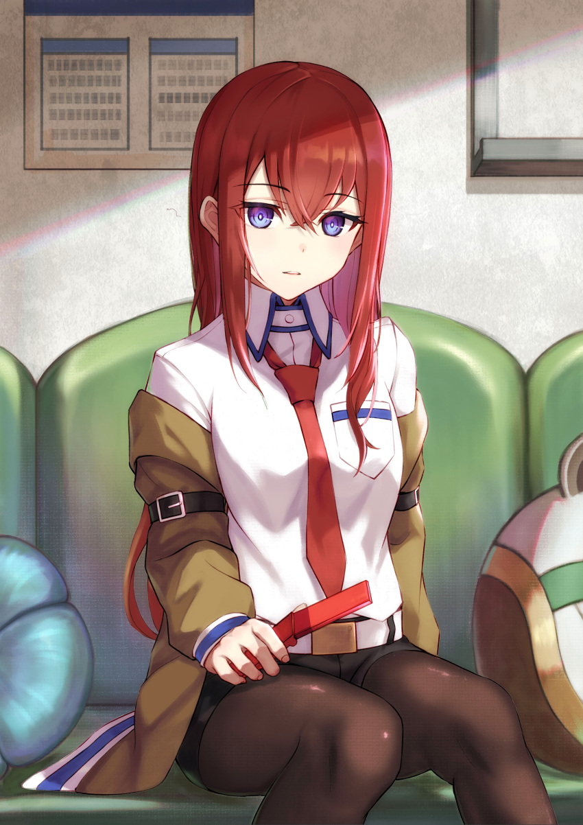 1girl absurdres bangs belt black_legwear black_shorts blue_eyes brown_hair brown_jacket cellphone couch dress_shirt feet_out_of_frame flip_phone hair_between_eyes highres holding holding_phone jacket legwear_under_shorts long_hair looking_at_viewer loose_necktie makise_kurisu necktie off_shoulder on_couch pantyhose parted_lips phone red_hair red_neckwear shakkiyi shiny shiny_clothes shiny_legwear shirt short_shorts shorts sitting solo steins;gate upa_(steins;gate) white_shirt