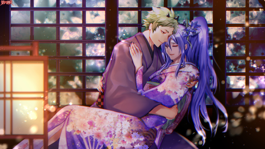 1boy 1girl black_kimono blue_hair closed_eyes copyright_name dairoku_youhei floral_print flower hair_flower hair_ornament hetero highres horns hug indoors inuru_yamato japanese_clothes kimono lantern long_hair official_art paper_lantern short_hair sidelocks sitting smile