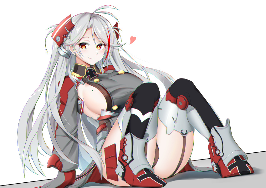 1girl absurdres azur_lane black_panties boots breasts chromatic_aberration eyebrows_visible_through_hair full_body garter_straps grey_hair grey_jacket headgear heart highres iron_cross j_yak47 jacket large_breasts long_hair looking_at_viewer mole mole_on_breast multicolored_hair orange_eyes panties prinz_eugen_(azur_lane) red_hair sideboob simple_background solo streaked_hair two-tone_hair underwear white_background