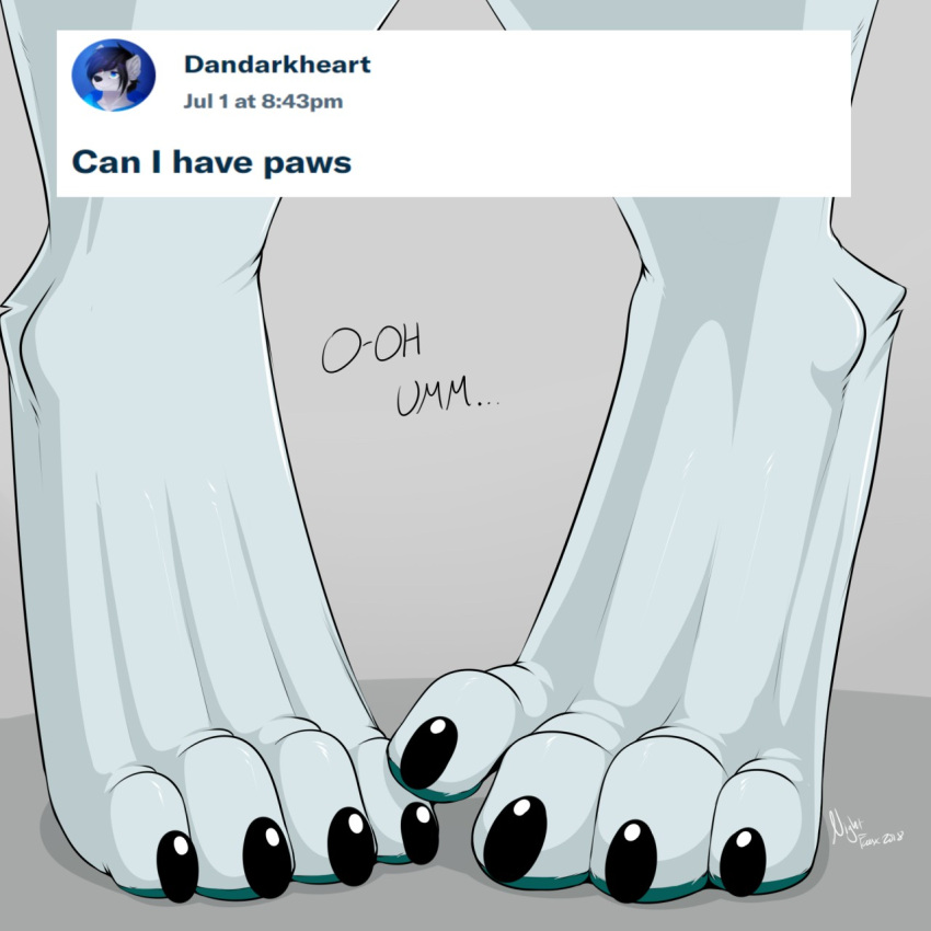 2018 4_toes anthro ask_blog digimon digimon_(species) faceless_character faceless_female fan_character feet female foot_fetish foot_focus fur haley_(nightfaux) hi_res nightfaux pawpads paws renamon signature solo standing text toes white_body white_fur