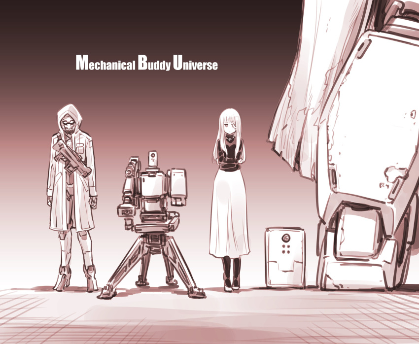 1girl 3others coat commentary dress gradient gradient_background gun highres hooded_coat humanoid_robot ishiyumi long_dress mechanical_buddy_universe monochrome multiple_others overcoat rifle robot science_fiction sepia shoes sniper_rifle submachine_gun title_page weapon