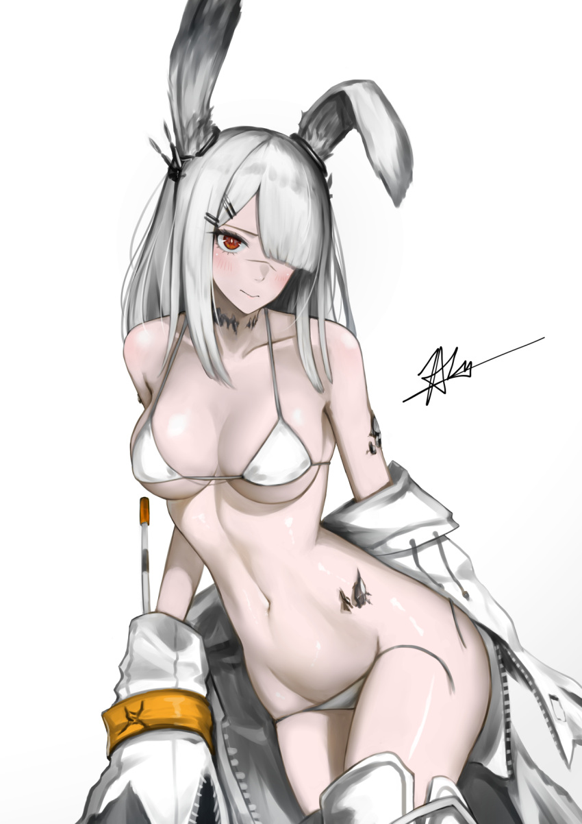 1girl animal_ears arknights bangs bare_shoulders bikini blush breasts bunny_ears chaciooh cleavage closed_mouth collarbone commentary_request cowboy_shot frostnova_(arknights) groin hair_ornament hair_over_one_eye hairclip highres jacket large_breasts long_hair looking_at_viewer navel off_shoulder open_bikini open_clothes oripathy_lesion_(arknights) pale_skin rabbit_girl red_eyes revision scar silver_hair simple_background solo stomach string_bikini swimsuit thighhighs white_background white_bikini white_jacket white_legwear