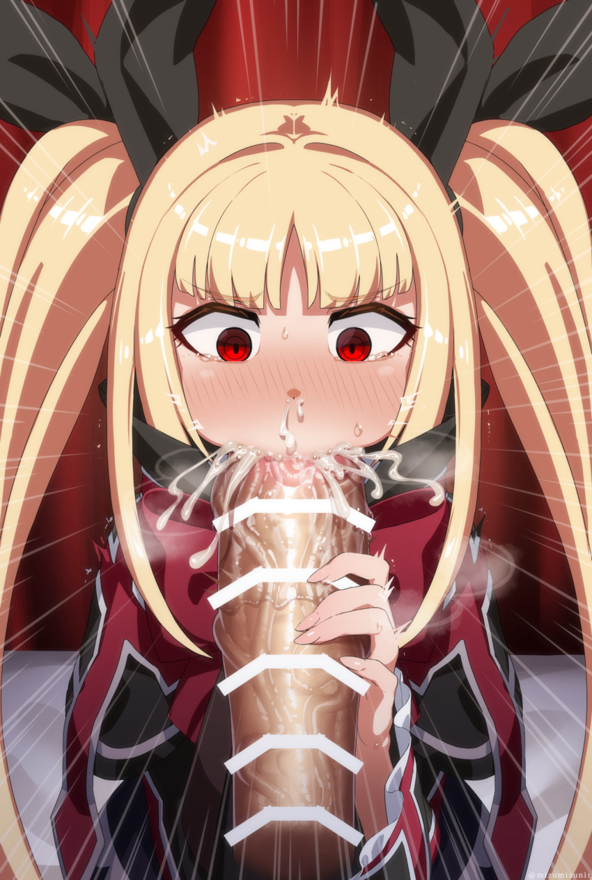 1boy 1girl ^^^ bangs bar_censor black_bow blazblue blonde_hair blunt_bangs bow breath cape censored cum cum_in_mouth cum_in_nose cum_on_penis emphasis_lines fingernails hair_bow highres large_penis long_fingernails mizumizuni penis rachel_alucard red_bow red_eyes ringed_eyes twintails veins veiny_penis wide-eyed