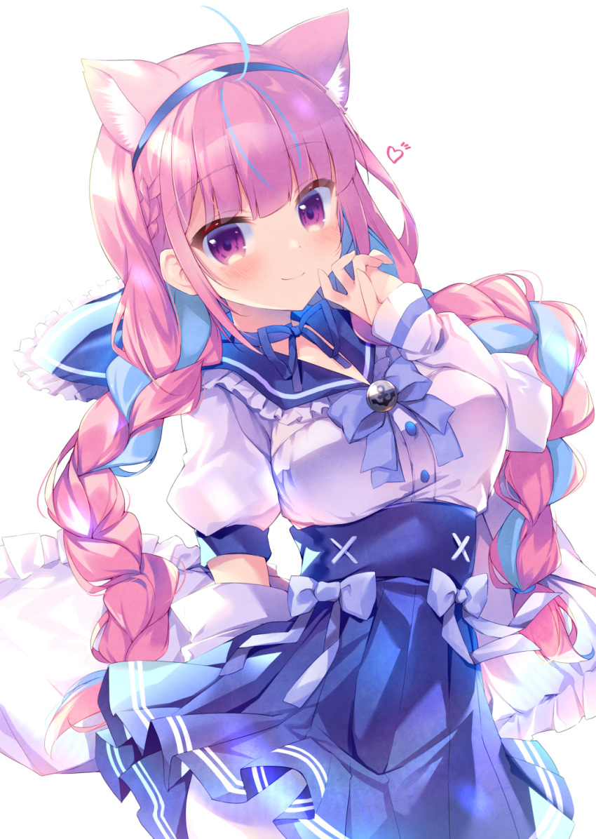 1girl animal_ear_fluff animal_ears bangs blue_bow blue_hair blue_hairband blue_ribbon blue_sailor_collar blue_skirt blurry blurry_background bow braid breasts cat_ears closed_mouth depth_of_field eyebrows_visible_through_hair frilled_sailor_collar frills hairband hand_up heart highres hololive jacket long_hair long_sleeves looking_at_viewer medium_breasts minato_aqua multicolored_hair nanamomo_rio open_clothes open_jacket pantyhose pink_hair pleated_skirt puffy_short_sleeves puffy_sleeves purple_eyes ribbon sailor_collar shirt short_sleeves simple_background skirt sleeves_past_wrists smile solo twin_braids twintails two-tone_hair very_long_hair virtual_youtuber white_background white_jacket white_legwear white_shirt