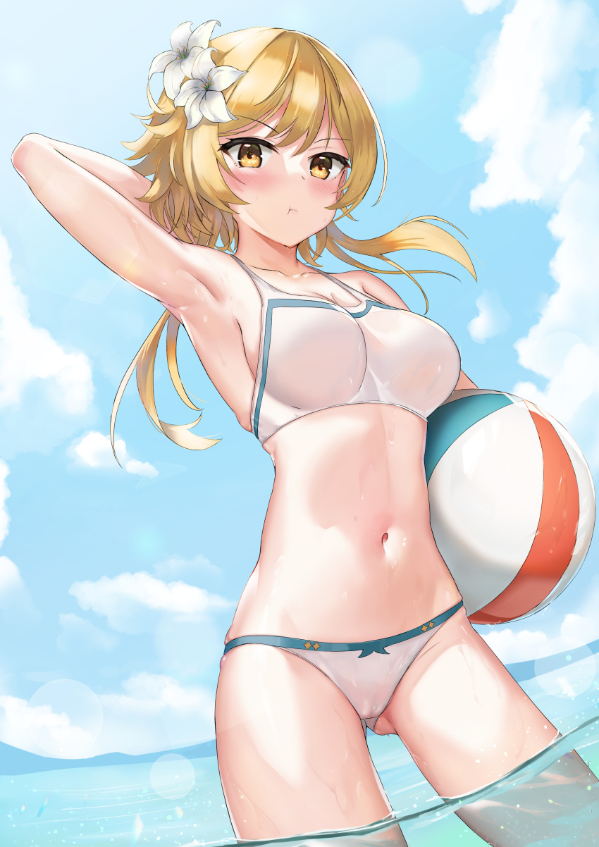 1girl :t absurdres arm_behind_head arm_up armpits ass_visible_through_thighs ball bangs bare_arms bare_shoulders beachball bikini blonde_hair blush breasts cleavage day flower genshin_impact hair_flower hair_ornament highres holding large_breasts long_hair looking_at_viewer lumine_(genshin_impact) medium_breasts medium_hair midriff navel outdoors pout sidelocks skai_kun skindentation solo spaghetti_strap standing stomach swimsuit thighs wading water white_bikini yellow_eyes