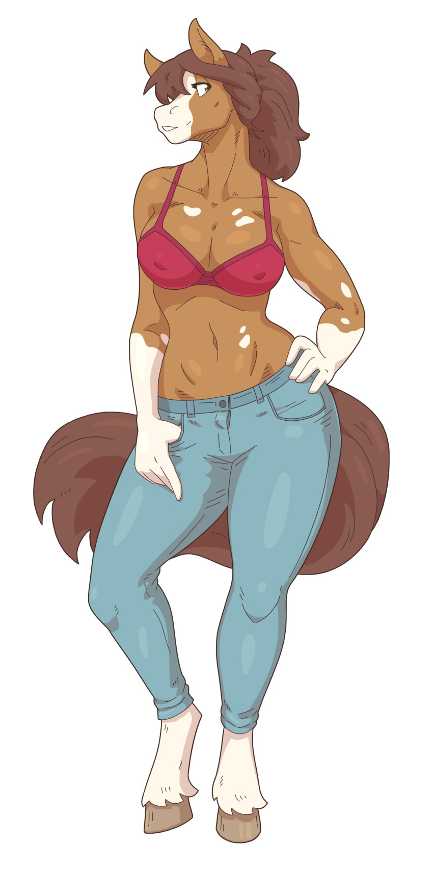 2021 absurd_res anthro bottomwear bra breasts brown_body brown_eyes brown_fur brown_hair clothed clothing denim denim_clothing equid equine eyelashes female fur hair hand_on_hip hi_res hooves horse jeans looking_aside mammal multicolored_body multicolored_fur nipple_outline open_mouth open_smile pants pinup ponytail pose rose_(slightlysimian) simple_background slightlysimian smile solo teeth two_tone_body two_tone_fur underwear white_background white_body white_fur wide_hips