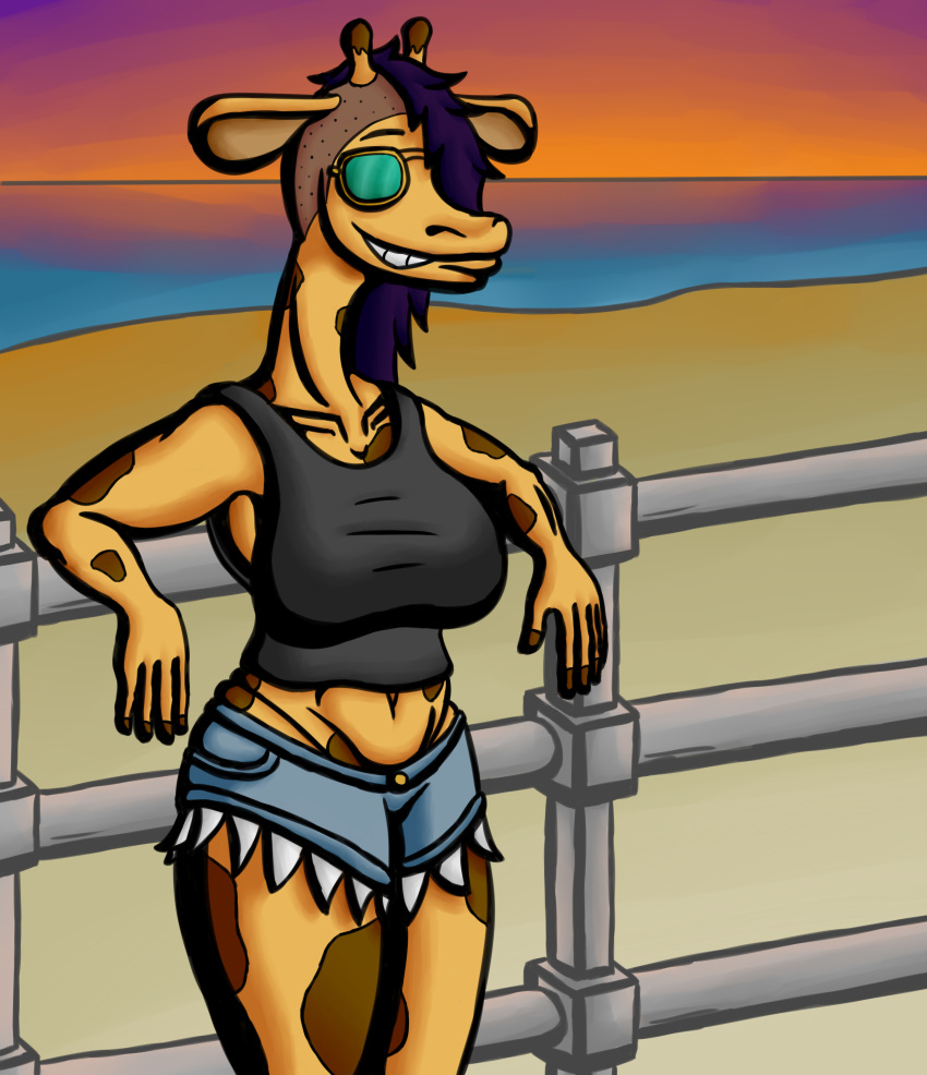 absurd_res animal_humanoid anthro aviator_glasses beach black_clothing black_shirt black_tank_top black_topwear blue_bottomwear blue_clothing blue_shorts bottomwear clothing cutoffs denim denim_clothing female fence fur giraffe giraffe_humanoid giraffid giraffid_humanoid hair half_shaved_head hi_res humanoid infiniteshades mammal mammal_humanoid markings_(fur) orange_body orange_fur orange_skin panties purple_hair sea seaside shirt shorts solo sunset suzy_(infiniteshades) tank_top topwear underwear water