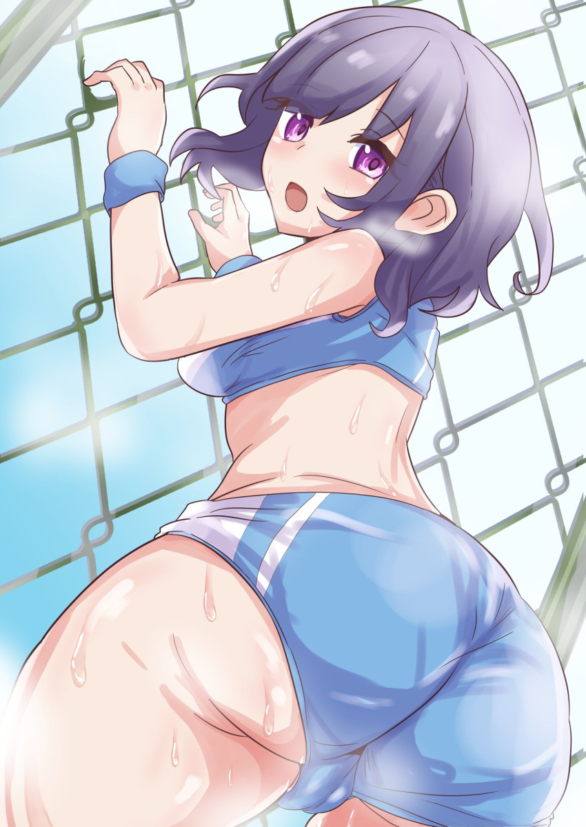 1girl ajinohi ass back blue_background blush buruma cameltoe chain-link_fence check_commentary commentary commentary_request commission dutch_angle fence floating_hair from_behind from_below highres looking_at_viewer looking_back midriff open_mouth original pixiv_commission plump purple_eyes purple_hair racing_suit school_uniform short_hair solo sports_bikini sportswear steam sweat thick_thighs thighs track_and_field track_uniform wrist_cuffs wristband