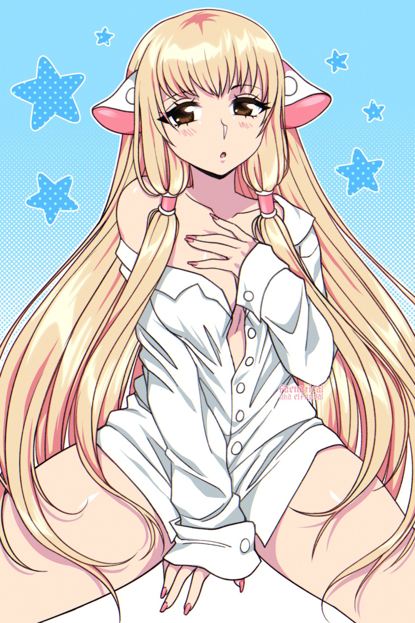 1girl android bare_shoulders blonde_hair blue_background blush borrowed_clothes breasts brown_eyes chii chobits cleavage collarbone faenatical fingernails highres long_hair looking_at_viewer medium_breasts naked_shirt no_bra off-shoulder_shirt off_shoulder oversized_clothes pink_nails robot_ears shirt sitting sleeves_past_wrists solo starry_background very_long_hair