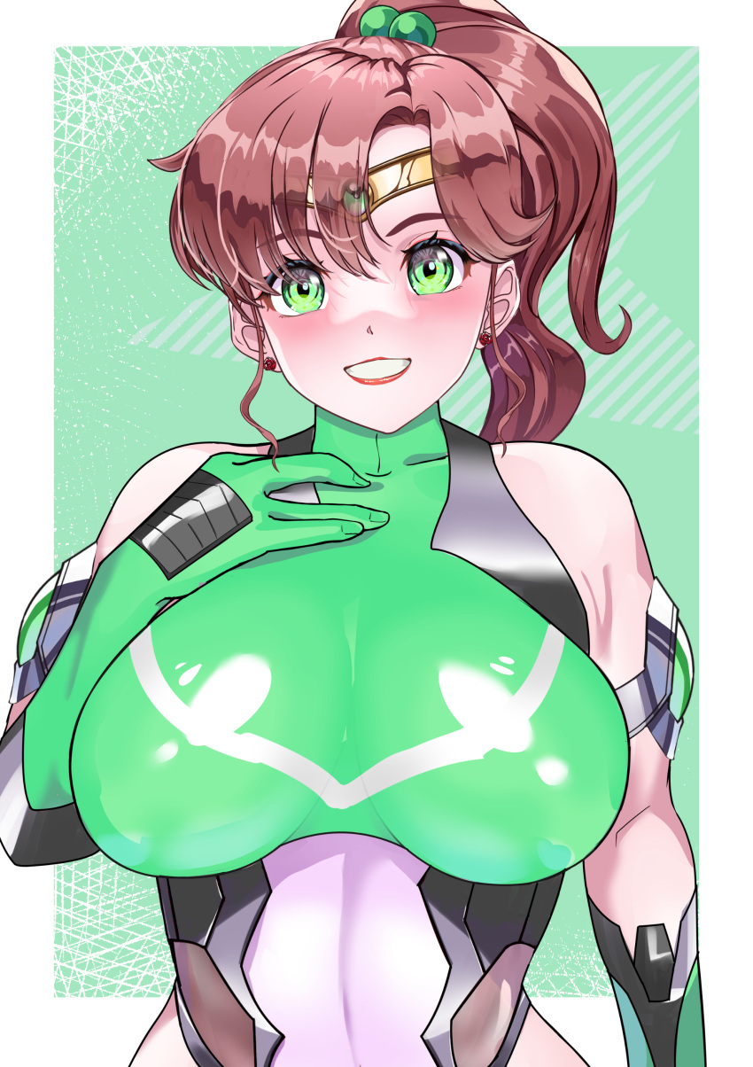 1girl absurdres arion_canvas bare_shoulders bishoujo_senshi_sailor_moon blush bodysuit breasts brown_hair gloves green_eyes highres large_breasts looking_at_viewer magical_girl ponytail sailor_jupiter skin_tight smile solo taimanin_(series)