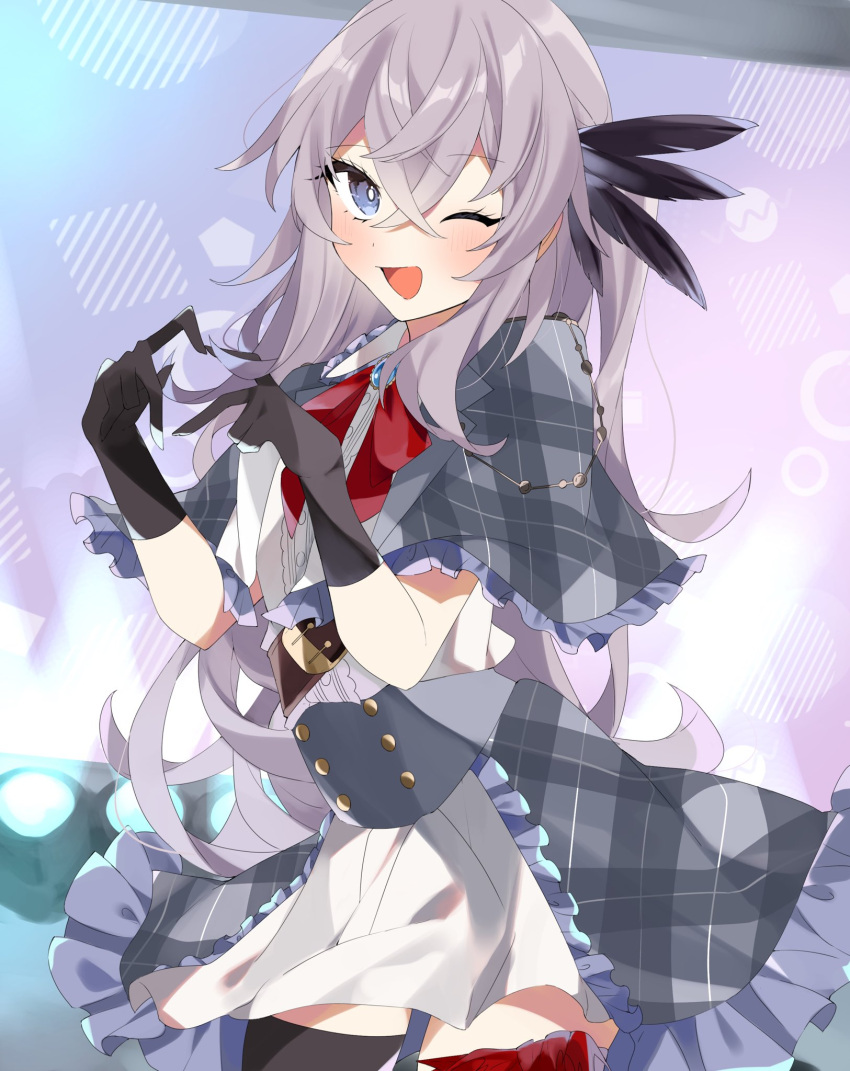 1girl black_gloves blue_eyes bow bright_pupils fate/grand_order fate_(series) feather_hair_ornament feathers gloves grey_hair hair_ornament heart heart_hands highres idol_clothes long_hair one_eye_closed ooo00_cha plaid plaid_skirt red_bow saika_magoichi_(fate) skirt white_pupils