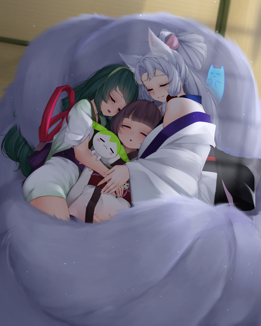 3girls :3 :o animal_ears blunt_bangs blush breasts brown_hair closed_eyes closed_mouth creature curtained_hair day facing_viewer fox_ears fox_girl from_above ghost girl_sandwich green_hair green_hairband grey_hair hairband half_updo highres hug huge_breasts indoors japanese_clothes kimono kitsune kyuubi light_particles long_hair lying lying_on_tail multiple_girls multiple_tails ne_an_ito nhk_(voiceroid) obi obijime off_shoulder on_back on_floor on_side open_mouth sandwiched sash short_kimono siblings sidelocks sisters sleeping smile tail tasuki tatami touhoku_itako touhoku_kiritan touhoku_zunko voiceroid white_kimono window_shade zundamon