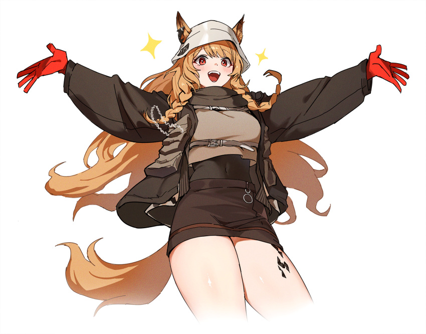 1girl :d animal_ears arknights black_jacket black_skirt braid breasts brown_hair ceobe_(arknights) commentary covered_navel dog_ears dog_girl dog_tail ears_through_headwear english_commentary gloves grey_headwear hat highres jacket jason_kim long_hair long_sleeves looking_at_viewer medium_breasts open_clothes open_jacket open_mouth oripathy_lesion_(arknights) outstretched_arms red_eyes red_gloves simple_background skirt smile solo tail teeth thighs twin_braids upper_teeth_only white_background