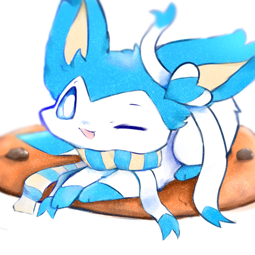 ambiguous_gender blue_body blue_eyes blue_fur blue_sclera clothing eeveelution feral fur hi_res mammal markings markings_(fur) multicolored_body nintendo open_mouth pillow pok&eacute;mon pok&eacute;mon_(species) ribbons scarf simple_background smile snoiifoxxo solo sylveon video_games white_background white_body