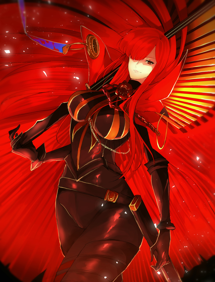 1girl black_bodysuit bodysuit c_c cape chain collared_cape cowboy_shot family_crest fate/grand_order fate_(series) hair_over_one_eye highres holding holding_sword holding_weapon medallion oda_nobunaga_(fate) oda_nobunaga_(maou_avenger)_(fate) oda_uri over_shoulder popped_collar red_cape red_eyes red_hair red_theme solo standing sword sword_over_shoulder tight_top weapon weapon_over_shoulder