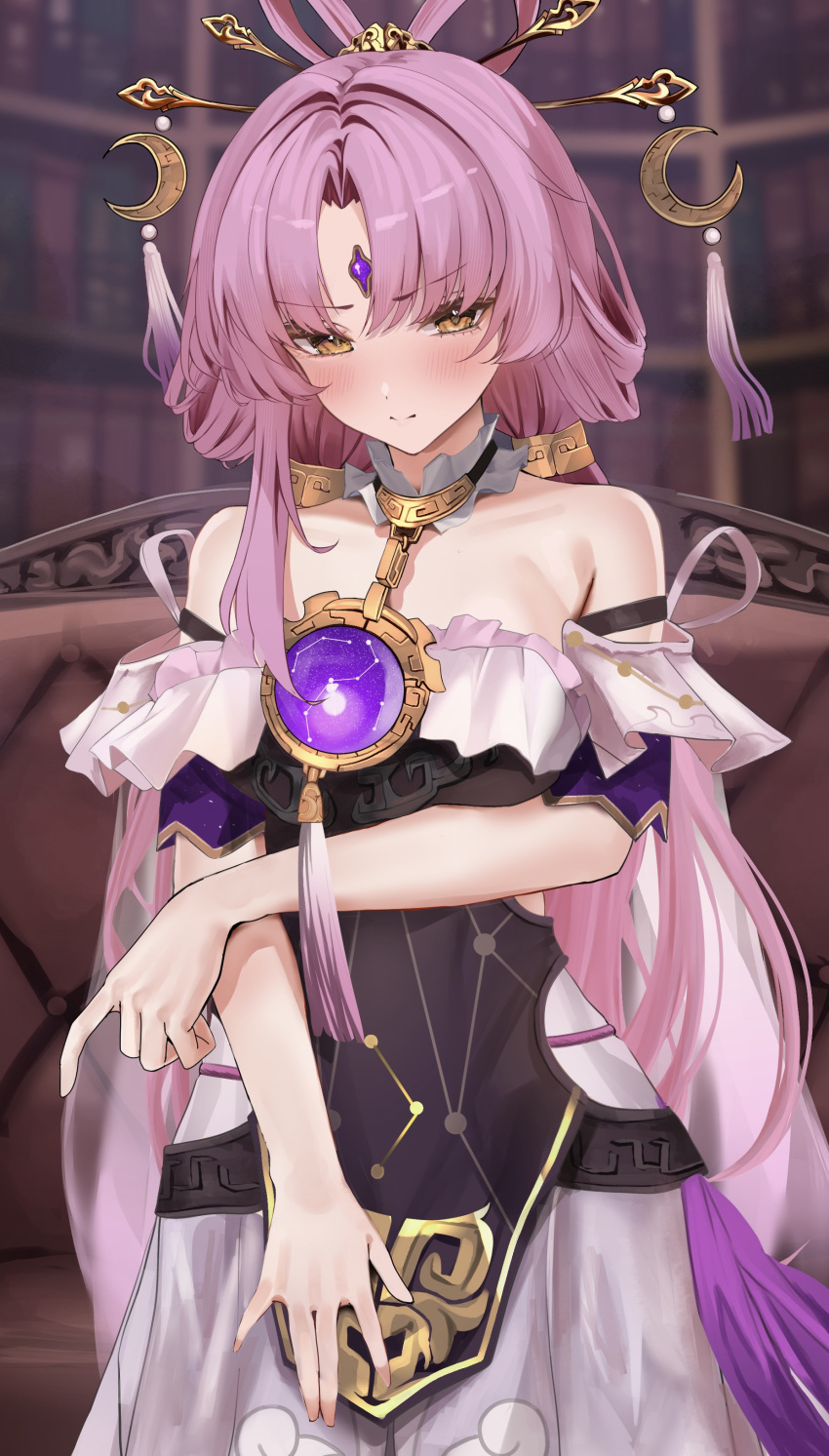 1girl absurdres bare_shoulders blurry blurry_background blush book bookshelf bow-shaped_hair brown_eyes chest_jewel closed_mouth constellation_print couch dress forehead_jewel fu_xuan_(honkai:_star_rail) hair_ornament hair_stick highres holding_own_arm honkai:_star_rail honkai_(series) long_hair looking_at_viewer low_twintails oreazu parted_bangs purple_hair sleeveless solo strapless strapless_dress too_many too_many_books twintails upper_body