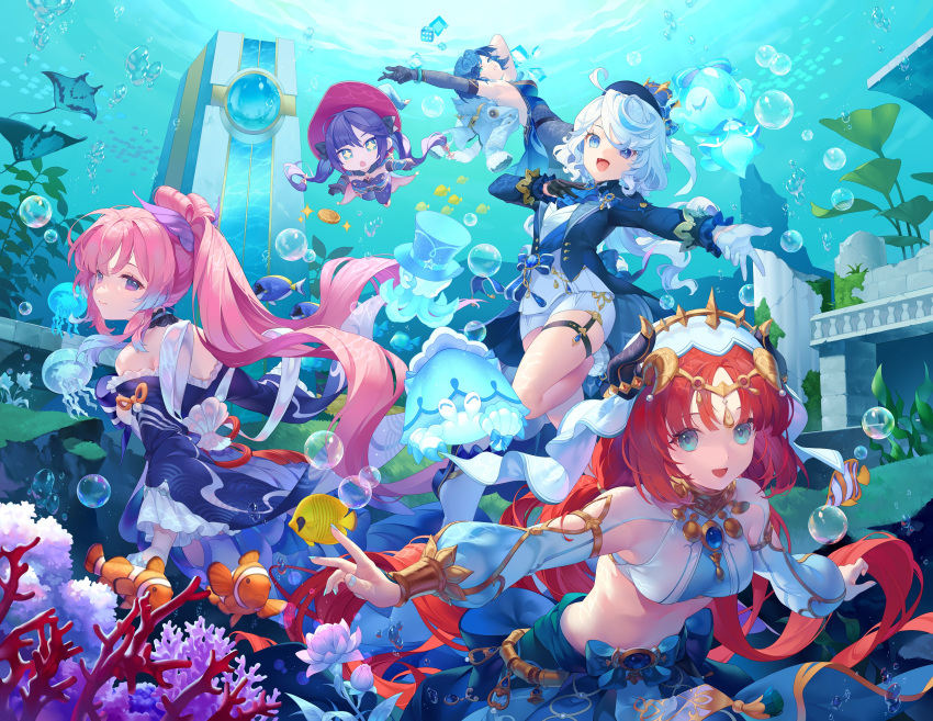 4girls absurdres armlet ascot bare_shoulders black_hair blue_dress blue_eyes blue_hair blue_headwear blue_jacket blue_skirt blush bracer breasts brooch chibi coral detached_collar dress fake_horns fish furina_(genshin_impact) genshin_impact gloves green_eyes hair_ornament harem_outfit hat highres horns jacket jewelry large_breasts light_blue_hair long_hair long_sleeves looking_at_viewer low_twintails may_(2747513627) medium_breasts mona_(genshin_impact) multicolored_hair multiple_girls neck_ring nilou_(genshin_impact) open_clothes open_jacket open_mouth pink_hair ponytail puffy_long_sleeves puffy_sleeves purple_eyes red_hair sangonomiya_kokomi sash shirt short_shorts shorts sidelocks skirt small_breasts smile sparkling_eyes streaked_hair swimming thigh_strap thighs top_hat twintails underwater veil very_long_hair white_gloves white_hair white_shirt white_shorts wide_sleeves witch_hat