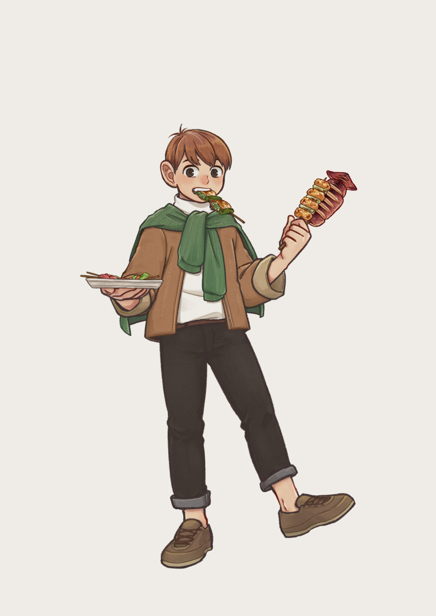 1boy armor black_pants brown_footwear brown_gloves brown_hair brown_jacket casual chilchuck_tims contemporary dungeon_meshi eahsu1994 eating food_in_mouth full_body gloves green_scarf halfling hands_up highres holding holding_plate holding_skewer ikayaki jacket leather_armor long_sleeves looking_at_viewer male_focus mouth_hold neck_warmer pants plate scarf shirt shoes short_hair simple_background skewer solo standing standing_on_one_leg sweater sweater_around_neck turtleneck white_shirt white_sweater