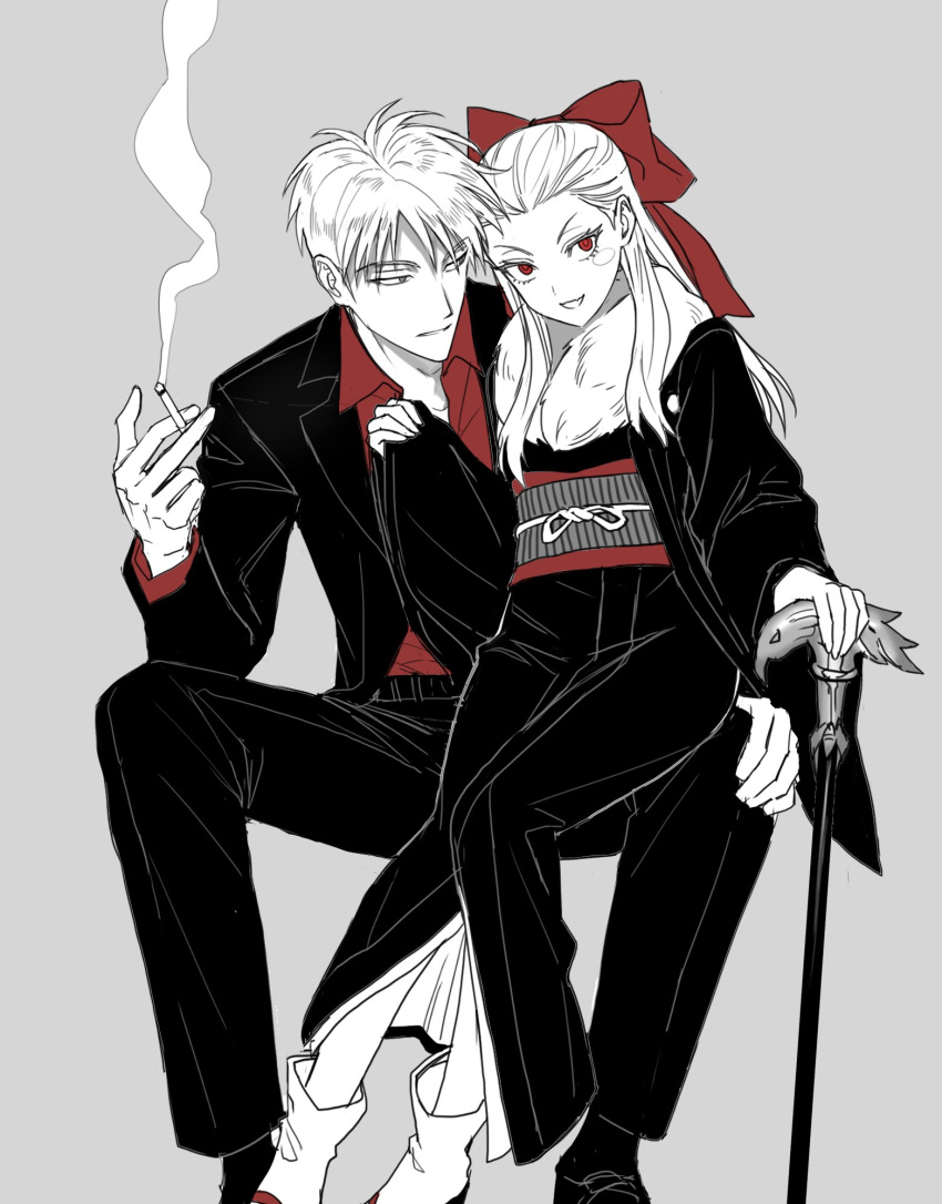 1boy 1girl akagi:_yami_ni_oritatta_tensai akagi_shigeru blazer boots bow cane cigarette commentary_request fukumoto_mahjong full_body genderswap genderswap_(mtf) hair_bow hair_slicked_back highres holding holding_cigarette jacket japanese_clothes kimono korean_commentary long_hair looking_at_viewer looking_to_the_side medium_bangs monochrome obi open_mouth pants red_bow red_theme sash short_hair simple_background sitting sitting_on_lap sitting_on_person smile smoke washizu_iwao www_2duck2