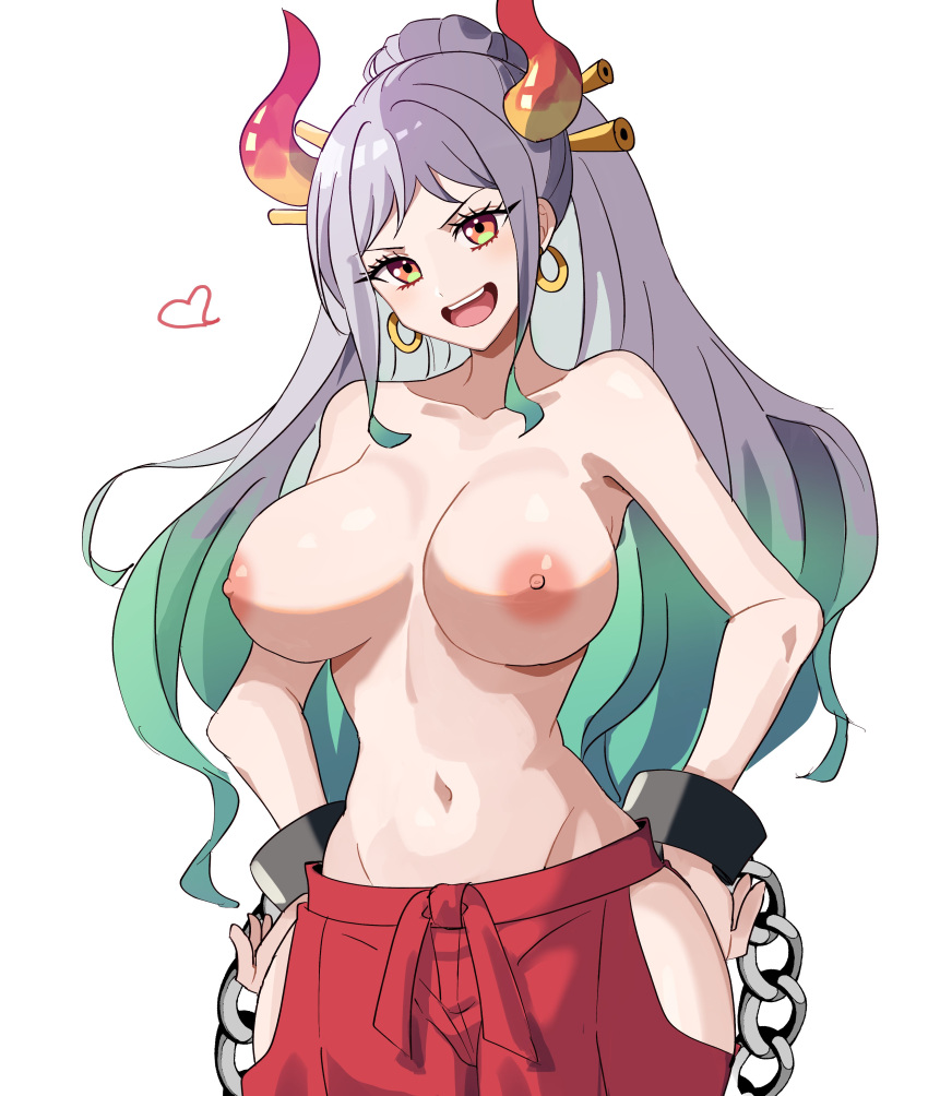 1girl absurdres aqua_hair breasts chain chained_wrists collarbone cuffs dot_nose earrings grey_hair groin handcuffs hands_on_own_hips head_tilt heart highres hip_vent hoop_earrings horns jewelry large_breasts long_hair multicolored_hair navel nipples one_piece oni_horns open_mouth orange_eyes pants ponytail red_pants simple_background smile solo sori_6403 teeth topless tsurime two-tone_hair upper_teeth_only white_background white_hair yamato_(one_piece)