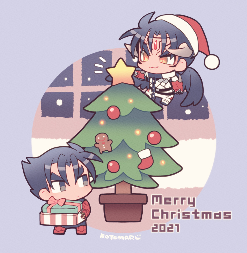 2021 2boys black_hair black_wings chain chibi christmas_ornaments christmas_tree devil_jin facial_mark forehead_jewel gift gloves grey_horns hat highres holding holding_gift horns kazama_jin kotorai male_focus merry_christmas multiple_boys red_gloves santa_hat studded_gloves tekken thick_eyebrows v-shaped_eyebrows window wings yellow_eyes