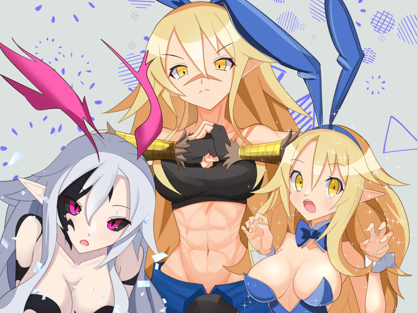 abs absurdres animal_ears aura bare_shoulders black_sclera blonde_hair bow bowtie breasts choker cleavage colored_sclera confetti corruption dark_persona disgaea disgaea_rpg facial_tattoo fingerless_gloves frown gloves highres liezerota_(disgaea) long_hair looking_at_viewer makai_senki_disgaea_5 midriff multiple_girls multiple_persona official_alternate_costume official_alternate_eye_color official_alternate_hair_color open_mouth pale_skin playboy_bunny pointy_ears possessed purple_eyes rabbit_ears scar slit_pupils sparkle tako_(octpus) tattoo triangle void_dark_(disgaea) white_hair wrist_cuffs yellow_eyes