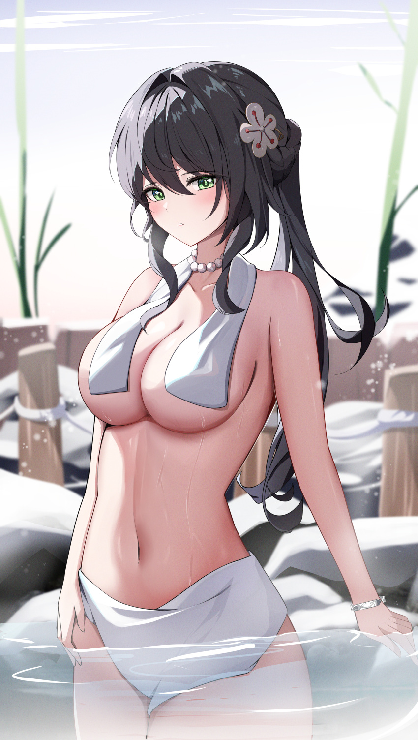 1girl absurdres bead_necklace beads black_hair breasts commentary_request cowboy_shot green_eyes highres honkai:_star_rail honkai_(series) jewelry large_breasts long_hair navel necklace ponytail ruan_mei_(honkai:_star_rail) solo standing stomach topless towel towel_around_neck very_long_hair wading water yeni1871