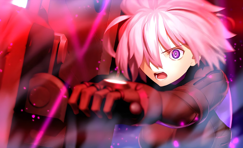 1girl absurdres armor black_armor black_gloves fate/grand_order fate_(series) game_cg gloves gun highres holding holding_gun holding_weapon mash_kyrielight mash_kyrielight_(ortenaus) official_art open_mouth pink_hair purple_eyes short_hair solo takeuchi_takashi weapon