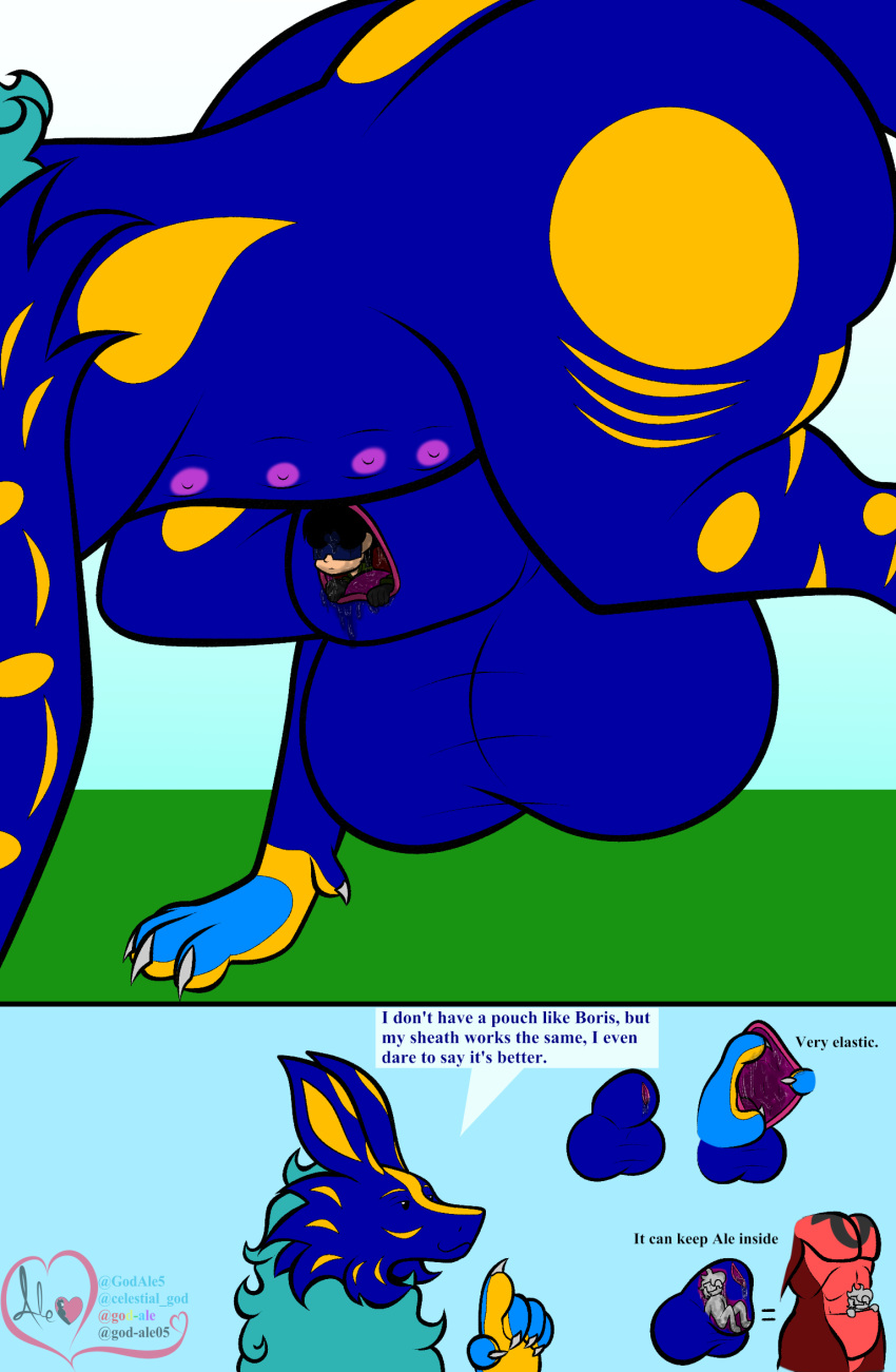 5_fingers ale_(god-ale_oc) animal_genitalia anthro balls big_balls big_butt big_sheath black_eyes black_hair blue_mane bodily_fluids boris_vor butt cheek_tuft claws clothing cock_vore dragon english_text explanation eyewear facial_tuft feral fingers flat_colors genital_fluids genitals gloves god-ale group hair handwear hi_res huge_butt human in_pouch larger_feral larger_pred male male/male mammal mane multi_nipple multicolored_body multicolored_skin muscular nipples partially_inside pecs penile penis pouch_(anatomy) precum purple_nipples raised_leg red_body red_skin safe_vore scalie sheath sheath_vore simple_background size_difference smaller_human smaller_male smaller_prey soft_vore spots spread_sheath sunglasses text thick_thighs trio tuft two_panel_image vore willing_prey yellow_spots
