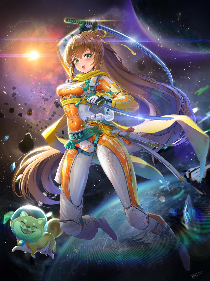 1girl bodysuit breasts brown_hair character_name dual_wielding gloves green_eyes hair_ribbon helmet highres holding long_hair looking_at_viewer medium_breasts open_mouth orange_bodysuit original pafekui planet ponytail ribbon scarf science_fiction sheath shiba_inu solo space two-tone_bodysuit very_long_hair white_bodysuit white_footwear white_gloves yellow_ribbon yellow_scarf