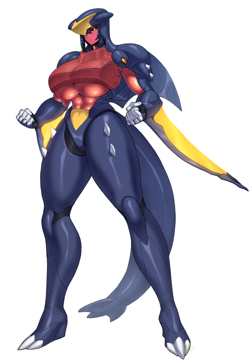 1girl abs arm_blade armor black_hair black_sclera breastplate breasts clenched_hands colored_sclera colored_skin commentary_request fewer_digits fins fish_tail full_body garchomp helmet highres huge_breasts muscular muscular_female pauldrons personification pink_skin pokemon pokemon_dppt shark_fin shark_girl shark_tail short_hair shoulder_armor slit_pupils solo spacezin spikes tail thick_thighs thighs underboob weapon white_background yellow_eyes