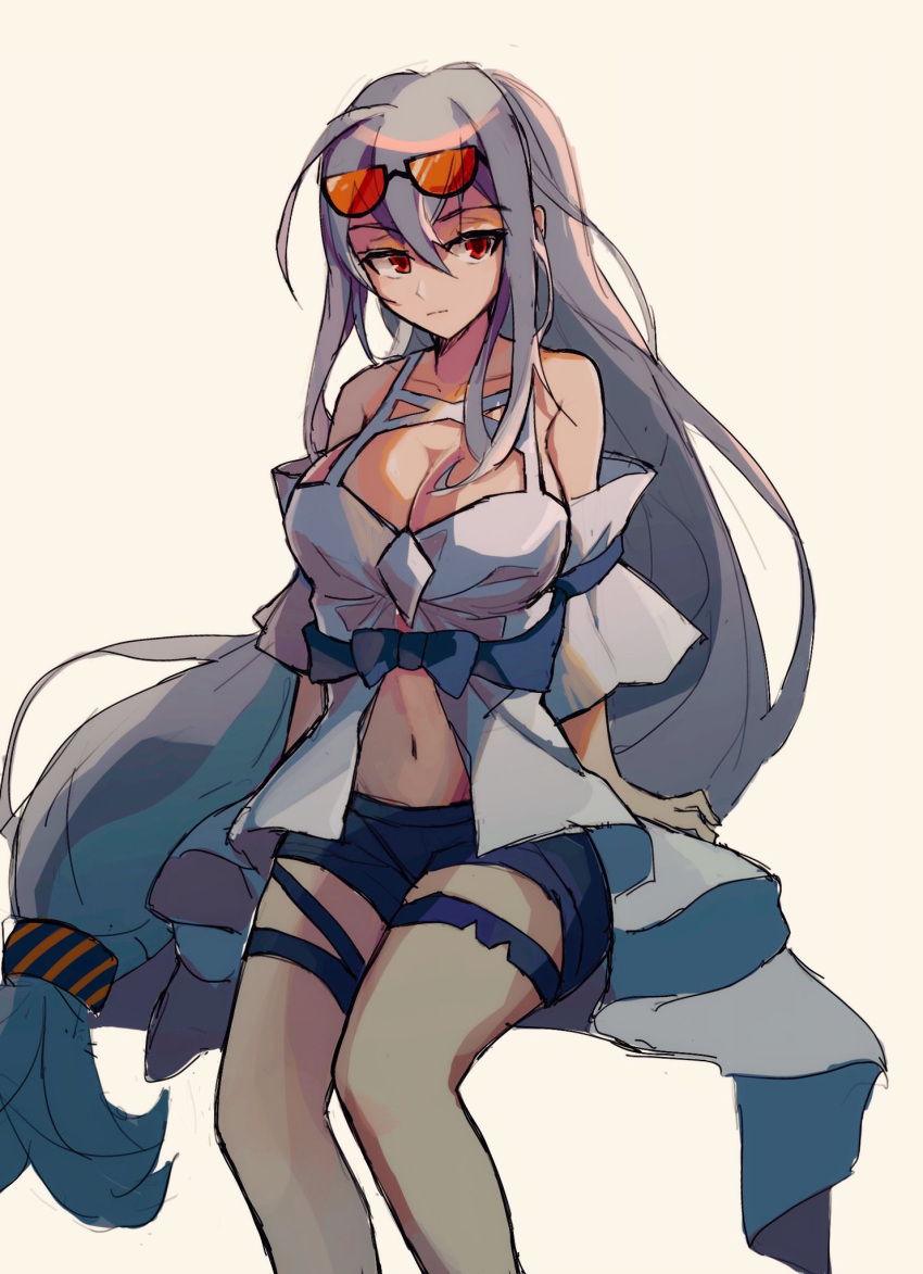 1girl arknights arms_behind_back belly blue_bow bow bowtie breasts dress expressionless eyewear_on_head highres itooku large_breasts long_hair low-tied_long_hair navel red_eyes short_shorts shorts sitting skadi_(arknights) sunglasses white_background white_dress white_hair