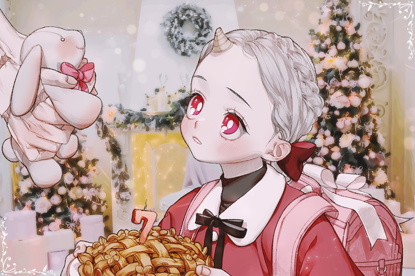 1girl 1other alternate_costume backpack bag boku_no_hero_academia bow braid child christmas_ornaments christmas_tree dress eri_(boku_no_hero_academia) fireplace food gift grey_hair hair_bow highres holding holding_plate horns indoors long_hair oru_2ji pie plate red_bow red_dress red_eyes single_horn solo_focus stuffed_animal stuffed_toy wreath