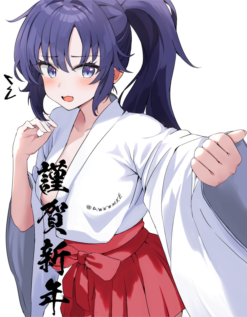 1girl ^^^ absurdres awnw blue_archive blush breasts censored collarbone hakama happy_new_year highres japanese_clothes long_hair long_sleeves medium_breasts miko open_mouth ponytail purple_eyes purple_hair red_hakama simple_background solo text_censor twitter_username white_background wide_sleeves yuuka_(blue_archive)