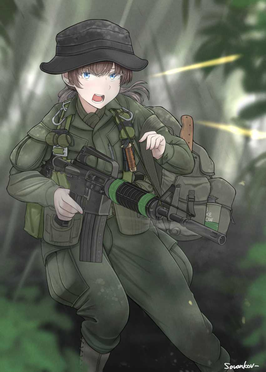 1girl ammunition_pouch artist_name assault_rifle backpack bag blue_eyes boonie_hat boots breasts brown_footwear brown_hair english_commentary explosive feet_out_of_frame fingernails green_bag green_jacket green_pants grenade gun hand_up highres holding holding_weapon jacket knife_sheath load_bearing_vest long_hair looking_at_viewer m16 medium_breasts military_uniform open_mouth original outdoors pants pouch projectile_trail rifle savankov sheath smoke_grenade smoke_trail solo teeth trigger_discipline uniform weapon