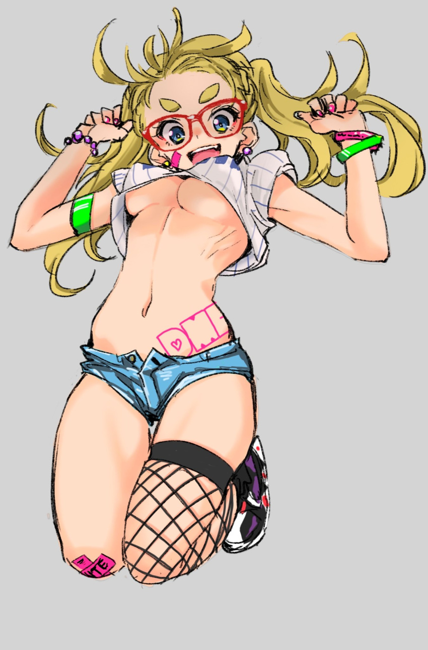 1girl bangle blonde_hair blue_eyes bracelet breasts commentary_request crop_top dekomegane denim denim_shorts fishnet_thighhighs fishnets full_body glasses grey_background highres jewelry jumping long_hair looking_at_viewer medium_breasts micro_shorts navel open_mouth original red-framed_eyewear sasetsu shoes shorts simple_background single_thighhigh sketch smile sneakers solo thick_eyebrows thighhighs underboob